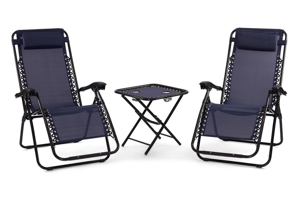 Two navy zero-gravity lounge chairs and a folding side table on a white background